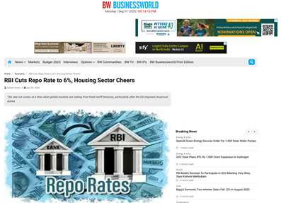 RBI Cuts Repo Rate to 6%, Housing Sector Cheers